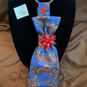Blue Paisley Pendant Necklace with Red Crystal Accent